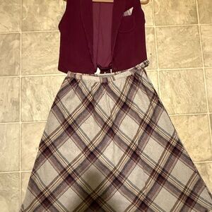 Vintage Plaid Skirt and corduroy Burgundy Vest Set Made In USA
